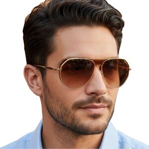 NWT Linda Farrow Matheson Aviator Sunglasses Yellow Gold & Tobacco LFL785C4SUN